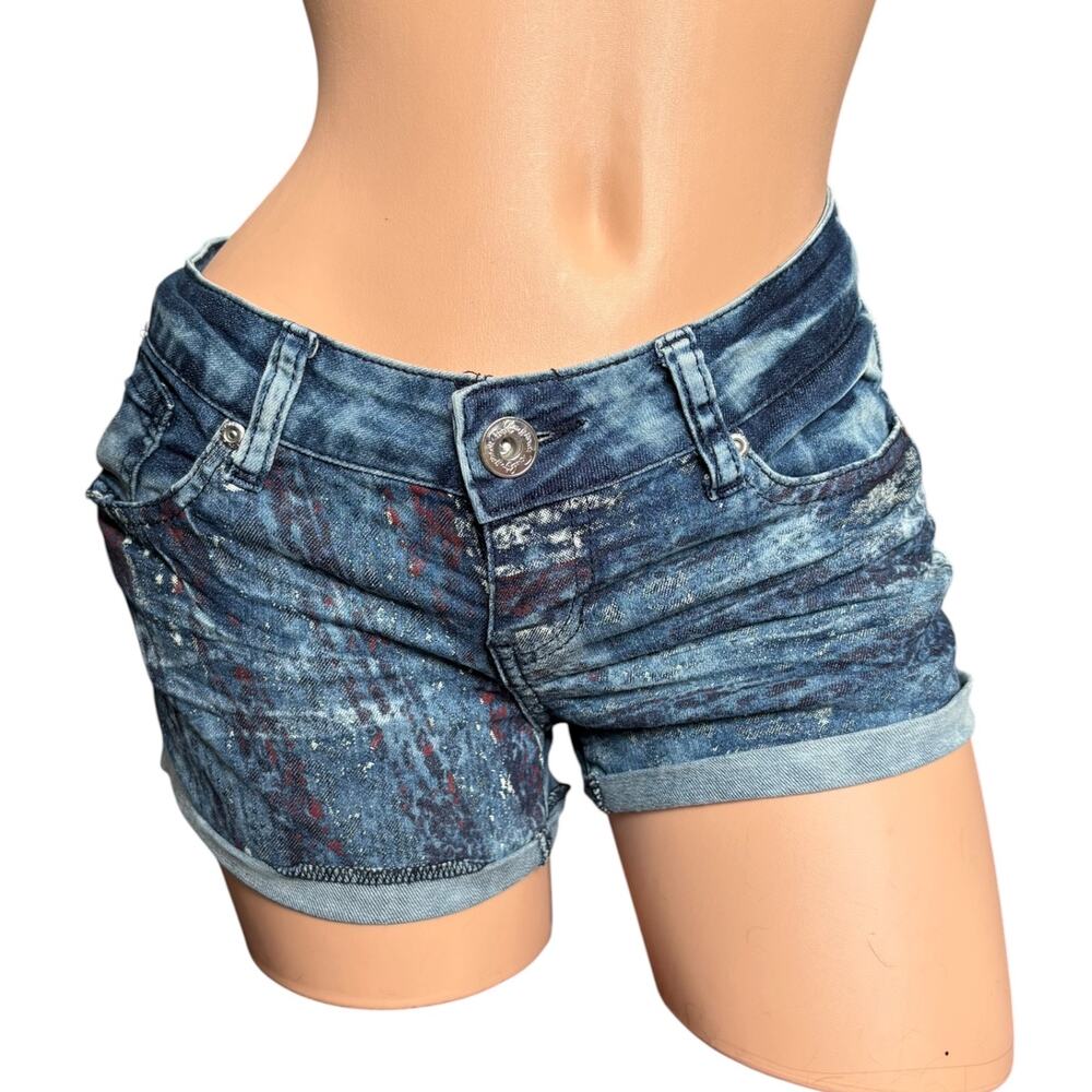 Y2K Revolt distressed paint-splatter ultra low rise micro denim shorts 25 / 0